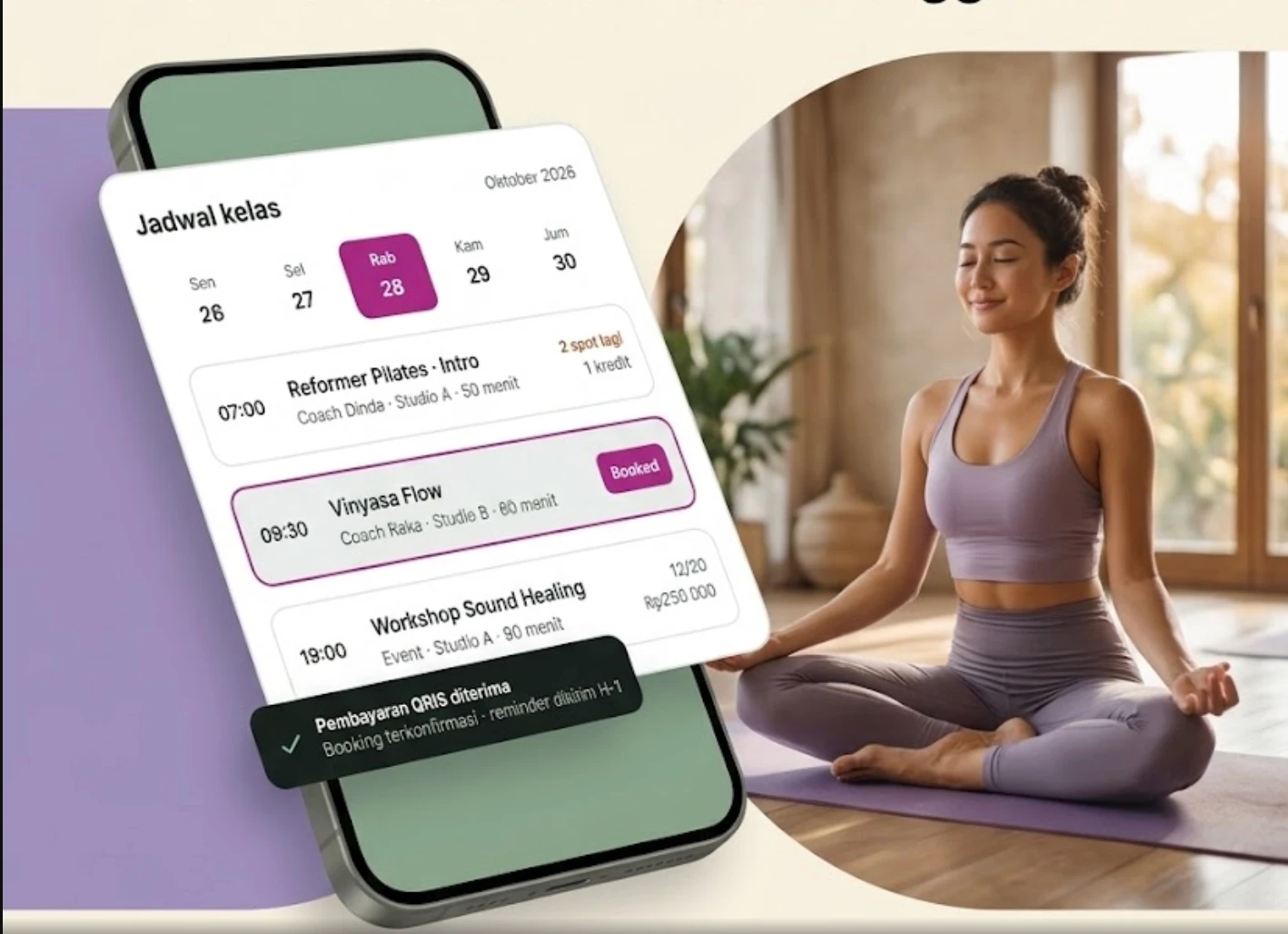 Tampilan jadwal kelas di HP dengan notifikasi pembayaran QRIS diterima, di samping member yang bermeditasi di atas matras yoga